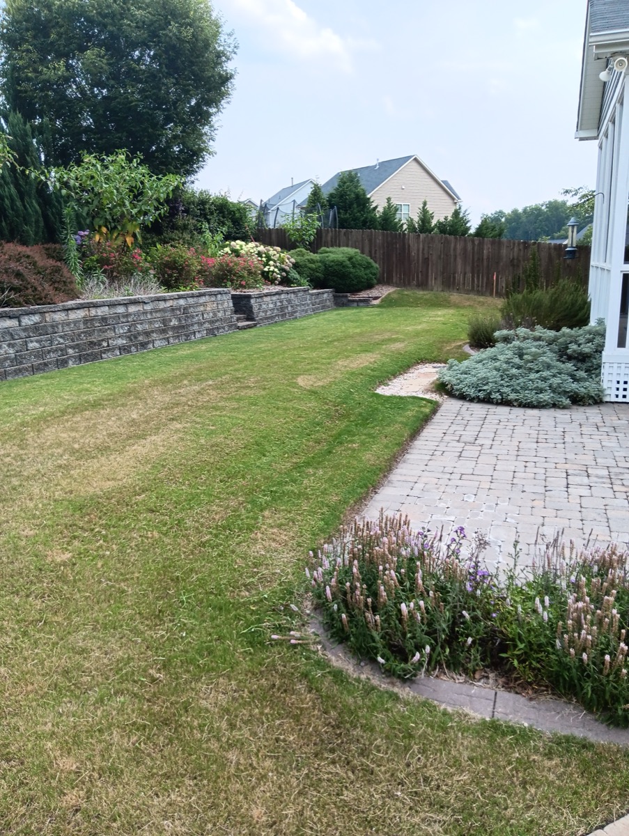 Backyard with retaining wall and manicured lawn by HRJ