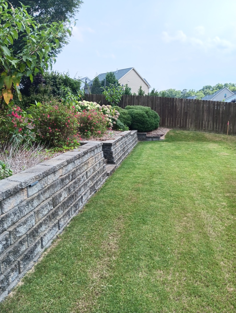 Retaining wall with steps and hydrangeas
